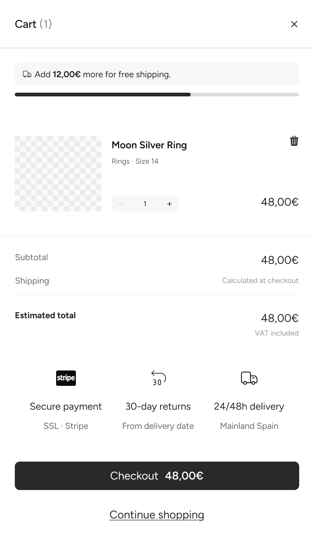 The redesigned cart drawer: “Add 12,00€ more for free shipping” above a progress bar, one ring at 48,00€, subtotal, shipping and an estimated total with VAT included, then secure payment, 30-day returns and 24/48h delivery above a “Checkout 48,00€” button.